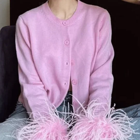 Pink Casual Women's Crew Neck Glamorous Wrap Feather Cuffs Cardigan - Picture 2 of 4